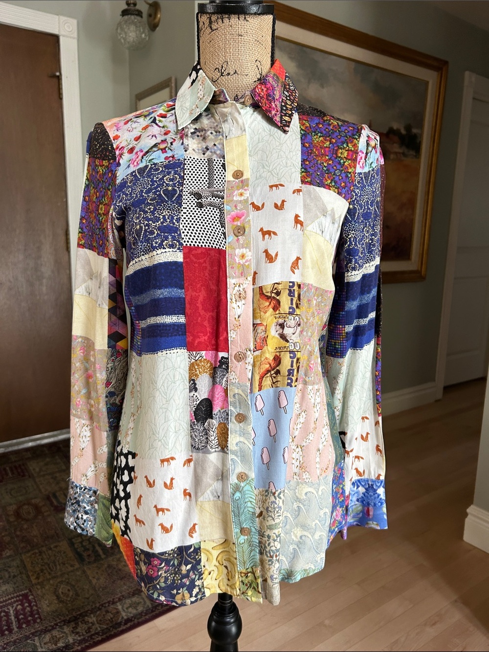 CHARLIE B Multicolor Patchwork Button-Up Blouse